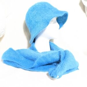 Vintage Marshall Fields Bucket Hat & Scarf Set Aqua Blue Rabbit/Wool Blend Warm